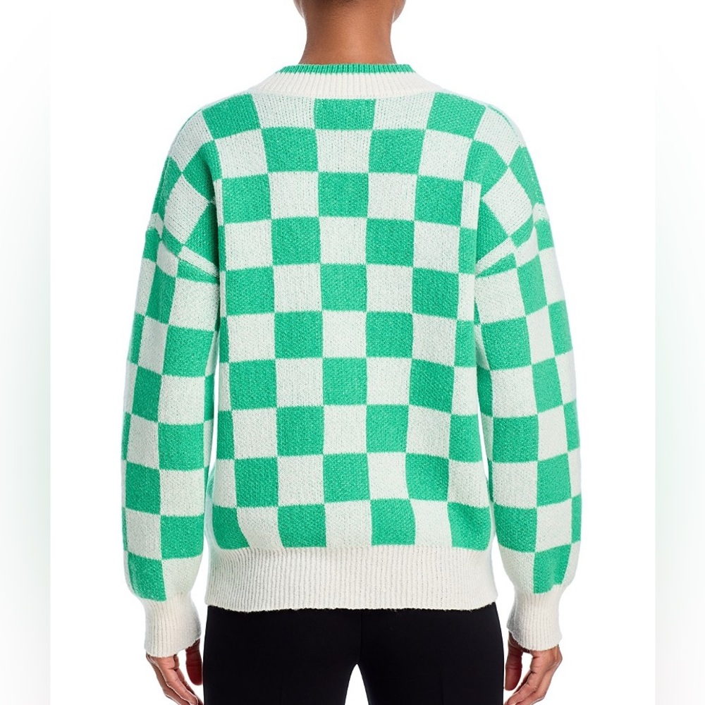 Aqua V-Neck Button Up Mint Green White Checkerboard Sweater Cardigan Large Retro - Picture 2 of 10